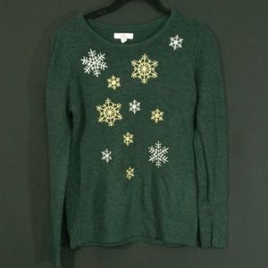 Green silver gold snowflake embroidered sweater